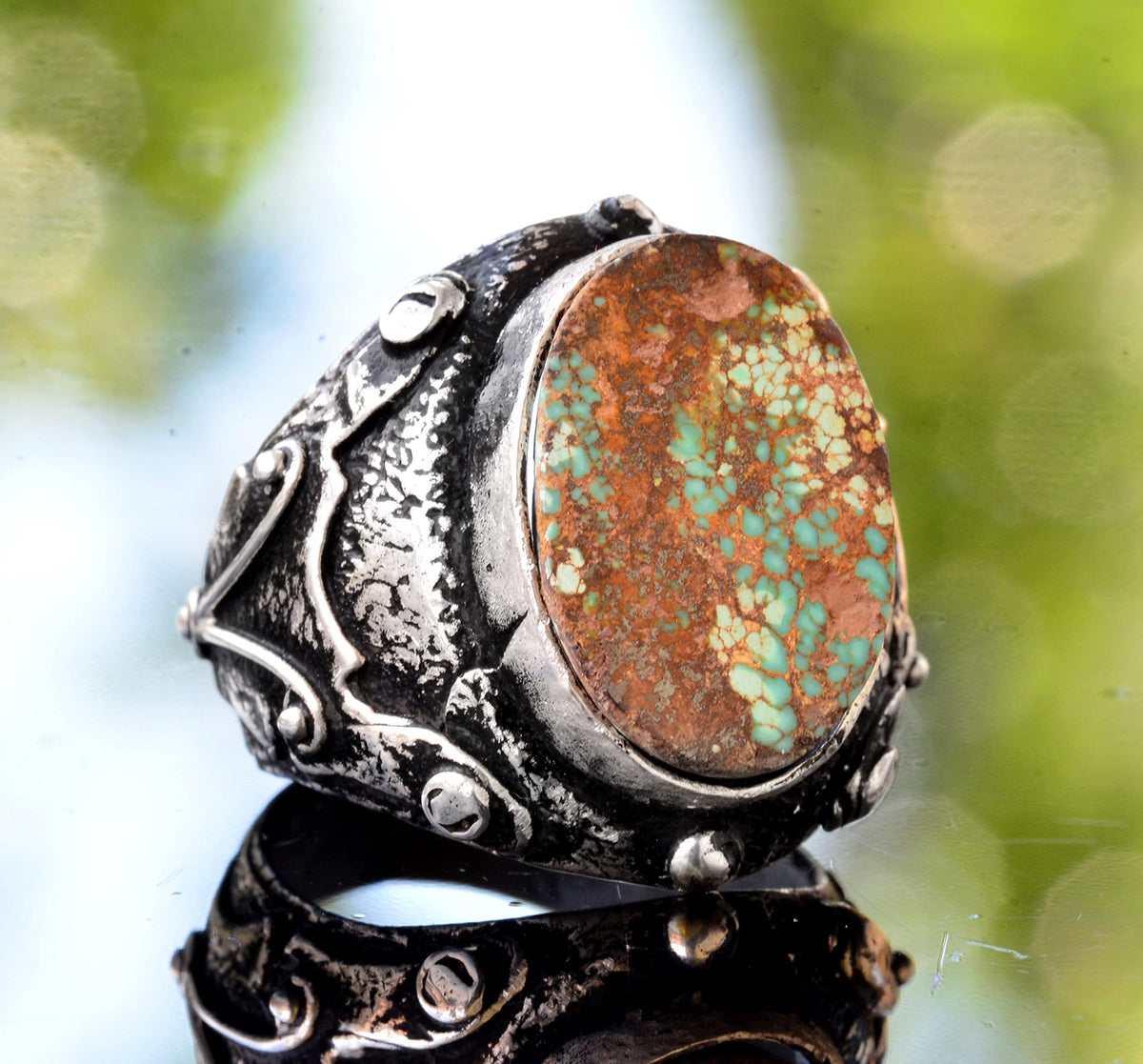 Silver Real Arizona Turquoise Stone Byzantine Men's Ring — 3