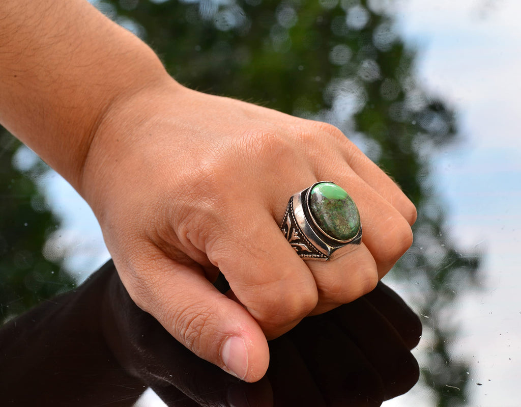 Natural Arizona Turquoise Stone Ring - Handmade 925 Sterling Silver Men's Ring — 7