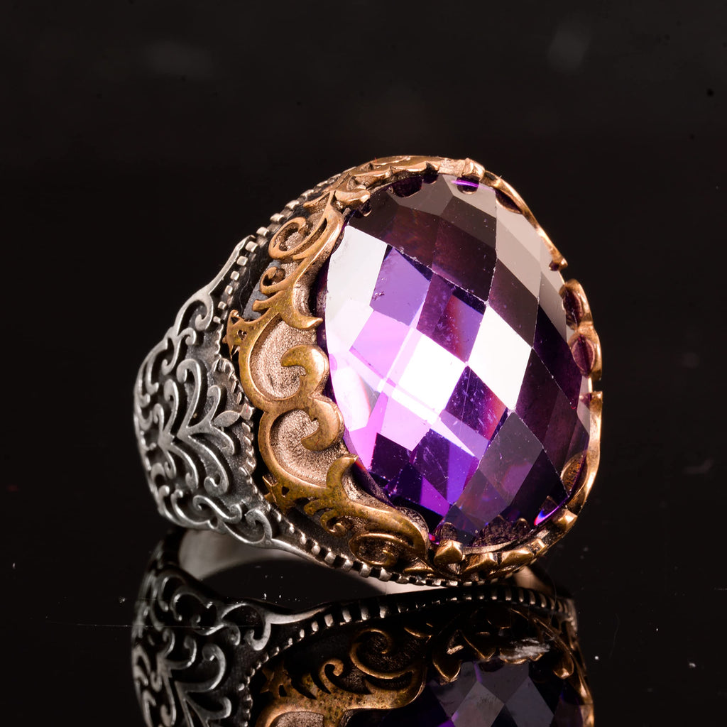 925 Sterling Silver Synthetic Amethyst Stone Men's Ring – Vintage Handcrafted Design — 3