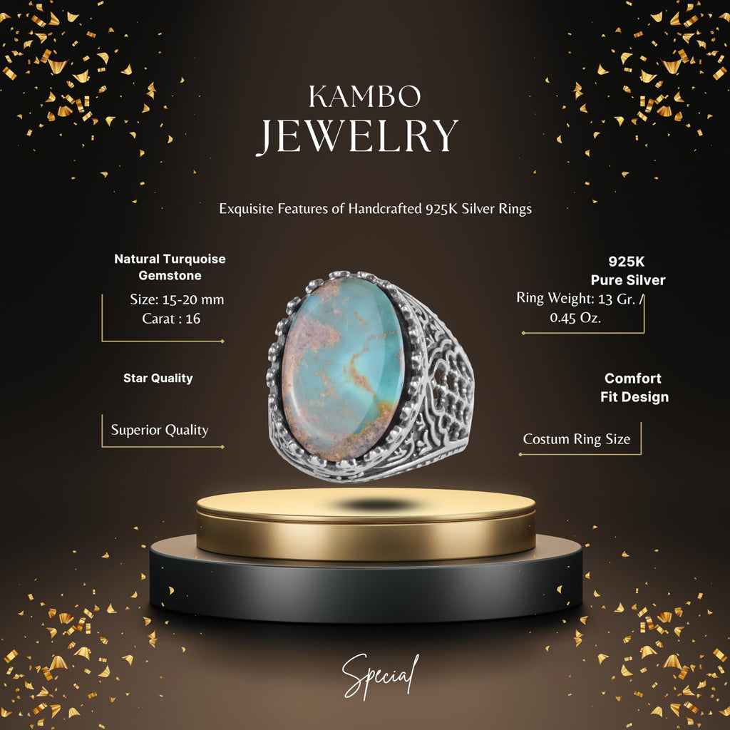 KAMBO Natural Turquoise Stone Men's Ring 925 Sterling Silver Spider Web Pattern Oval Cabochon Vintage Handmade Statement Ring (Turquoise-5) — 2