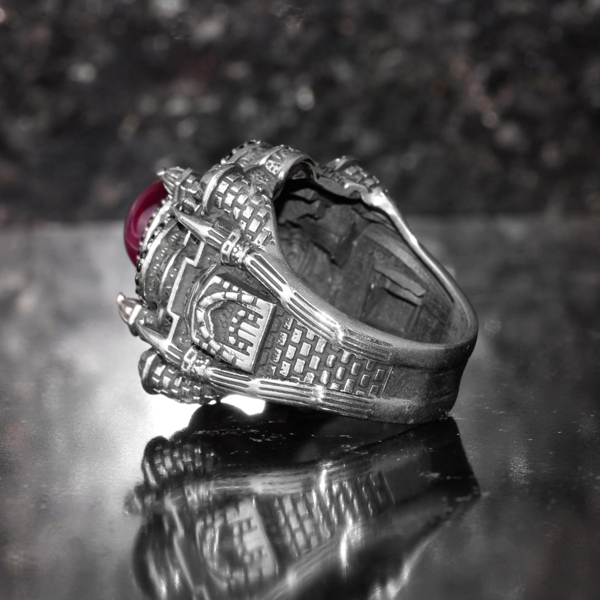 KAMBO Large Natural Stone Men's Ring 925 Sterling Silver – Handmade Statement Ring Inspired by Islamic Mosque (Star Ruby) — 7