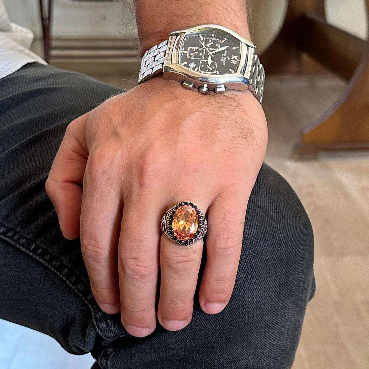 925 Sterling Silver Ring, Synthetic Stone Ring, Eagle Symbol Ring, Handmade Ring (Synthetic Citrine) — 3