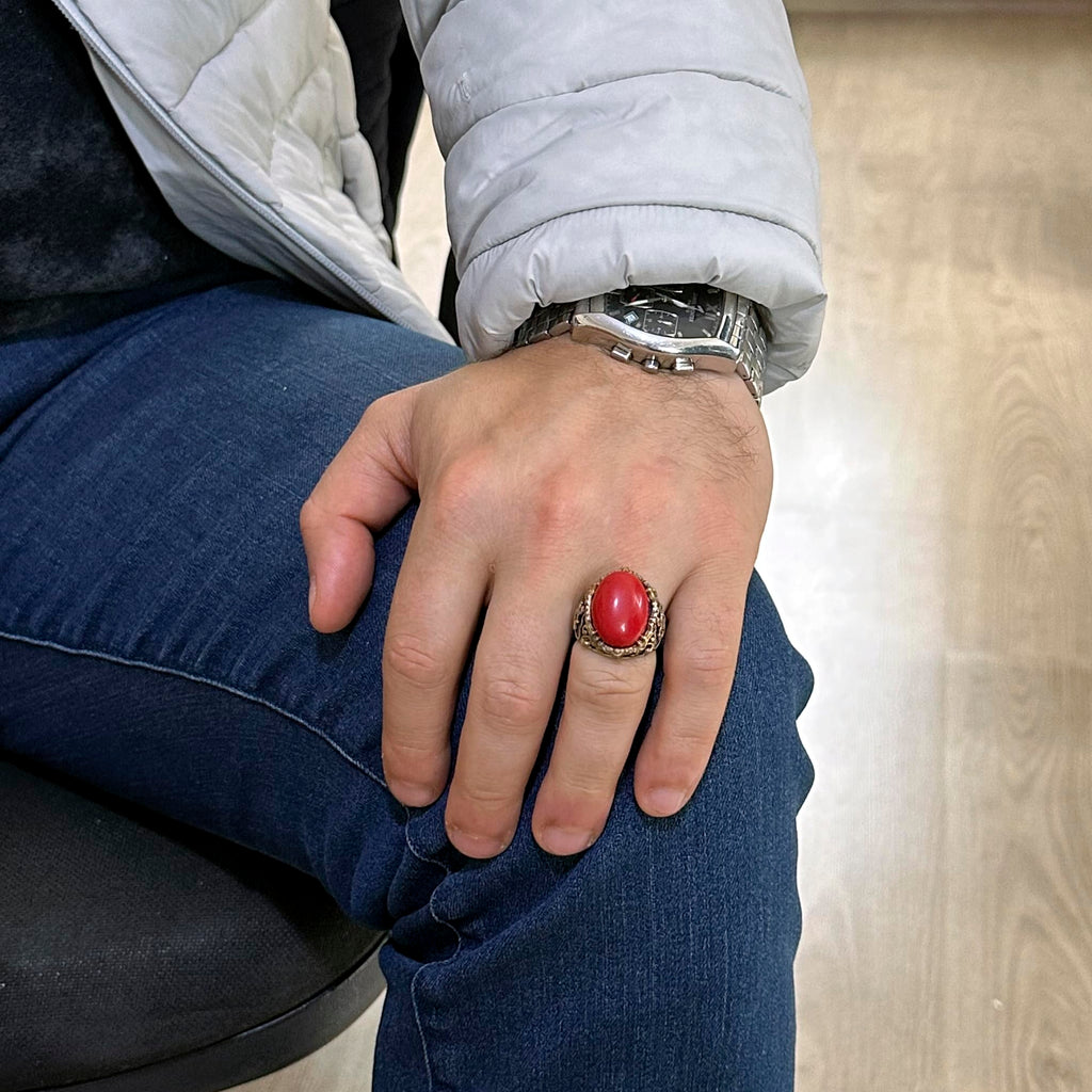 Red Coral Synthetic Stone Ring, Nautical Rope Pattern Silver Ring, 925 Sterling Silver Ring — 3