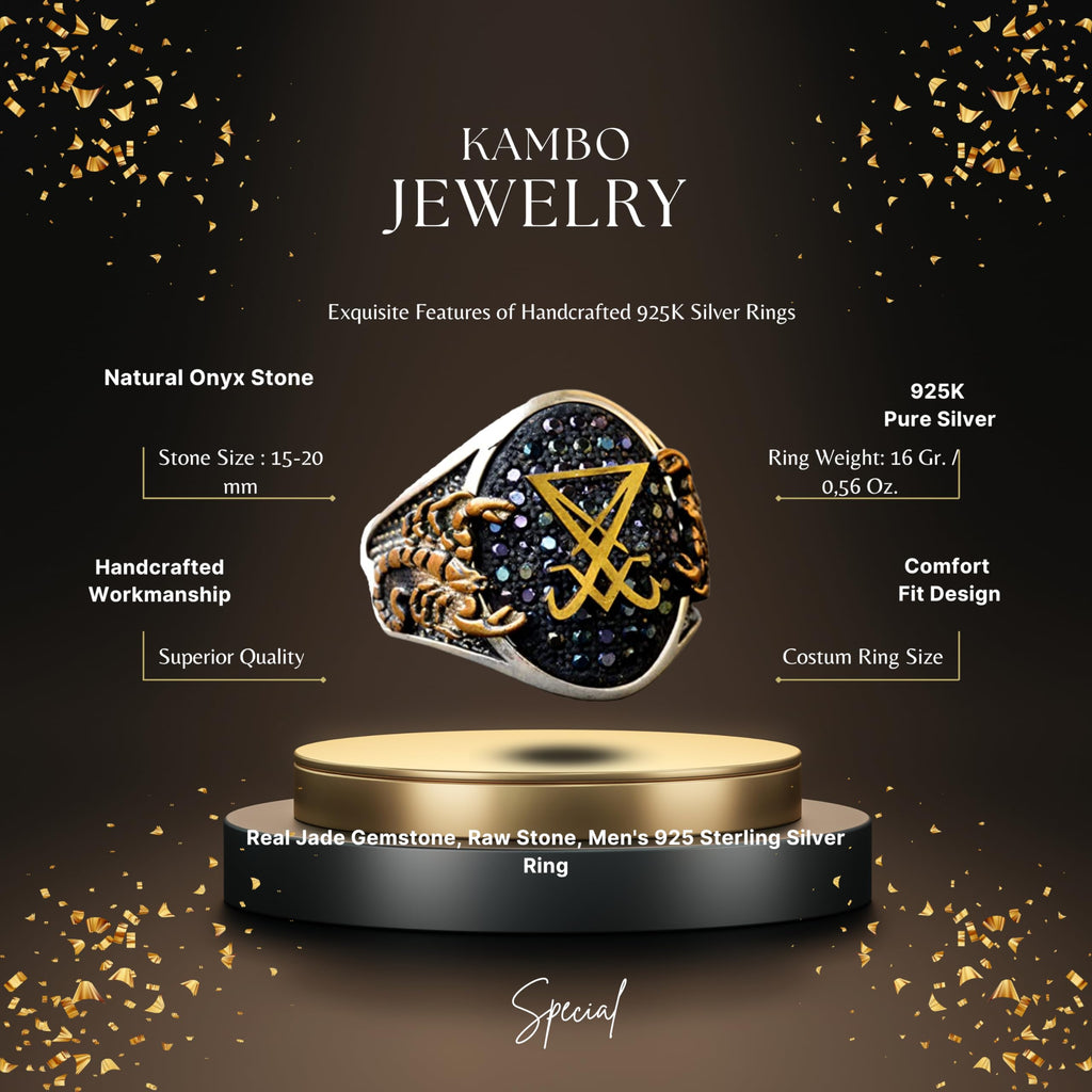 KAMBO Handcrafted Men's Scorpion Ring with Black Agate Gemstone, 925 Sterling Silver, Gold Plated, Intricate King Signet