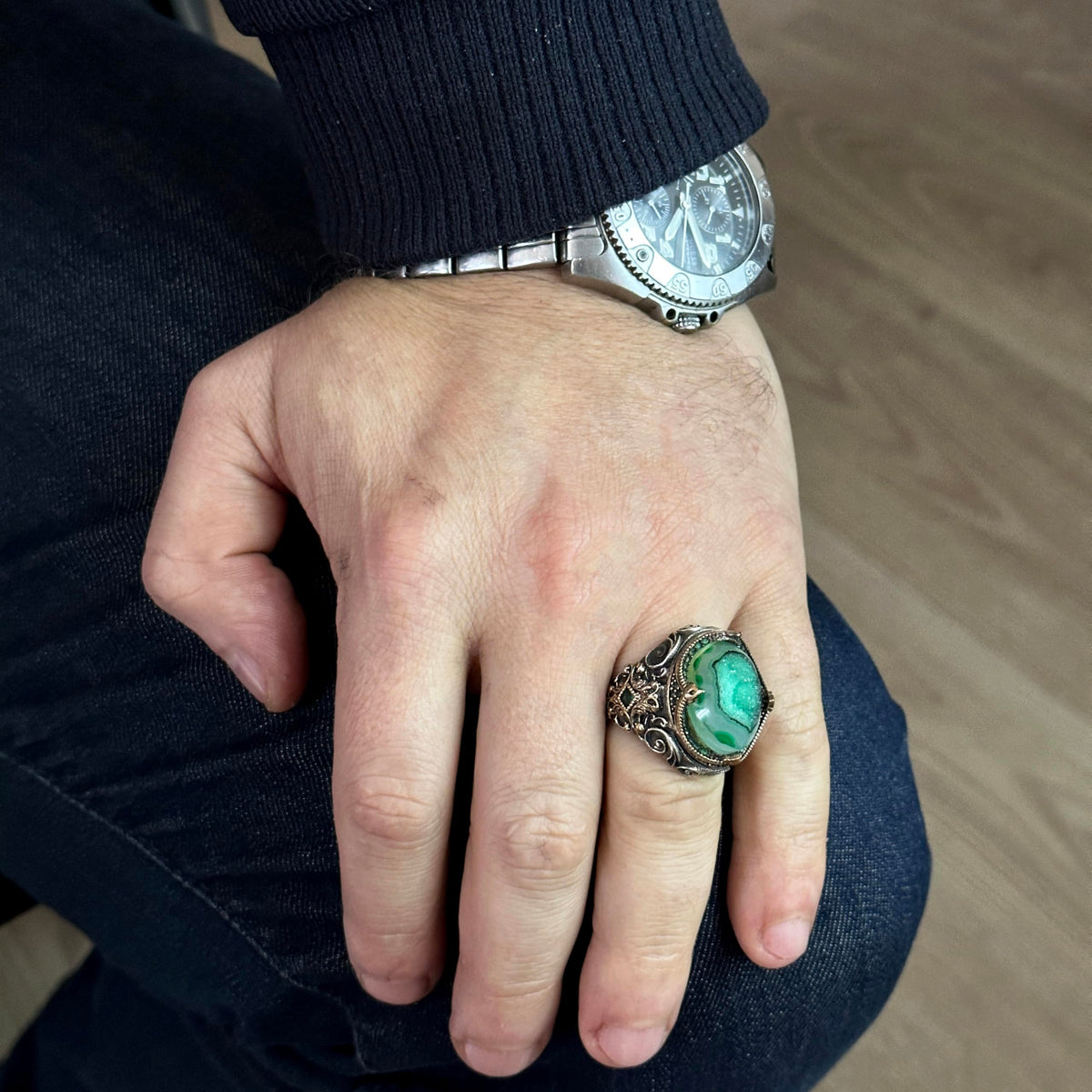 925 Sterling Silver Ring, Natural Drusy Crystal Quartz Stone Ring — 3