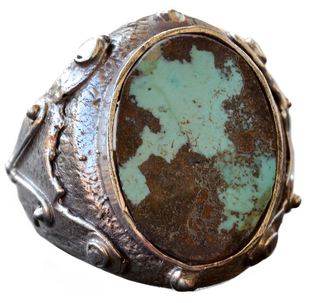 KAMBO Natural Arizona Turquoise Stone Ring, Byzantine Ring, Silver Men's Ring