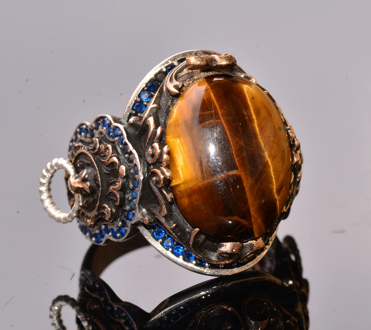 Handcrafted 925 Sterling Silver Men's Ring, Lion Design, Gold Plated Natural Stone Ring — 4