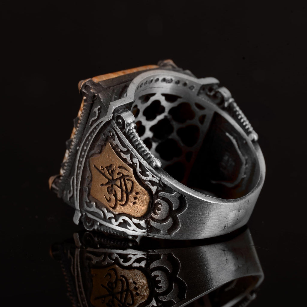 Natural Coral Stone Men's Ring - 925 Sterling Silver Handmade Ring — 7