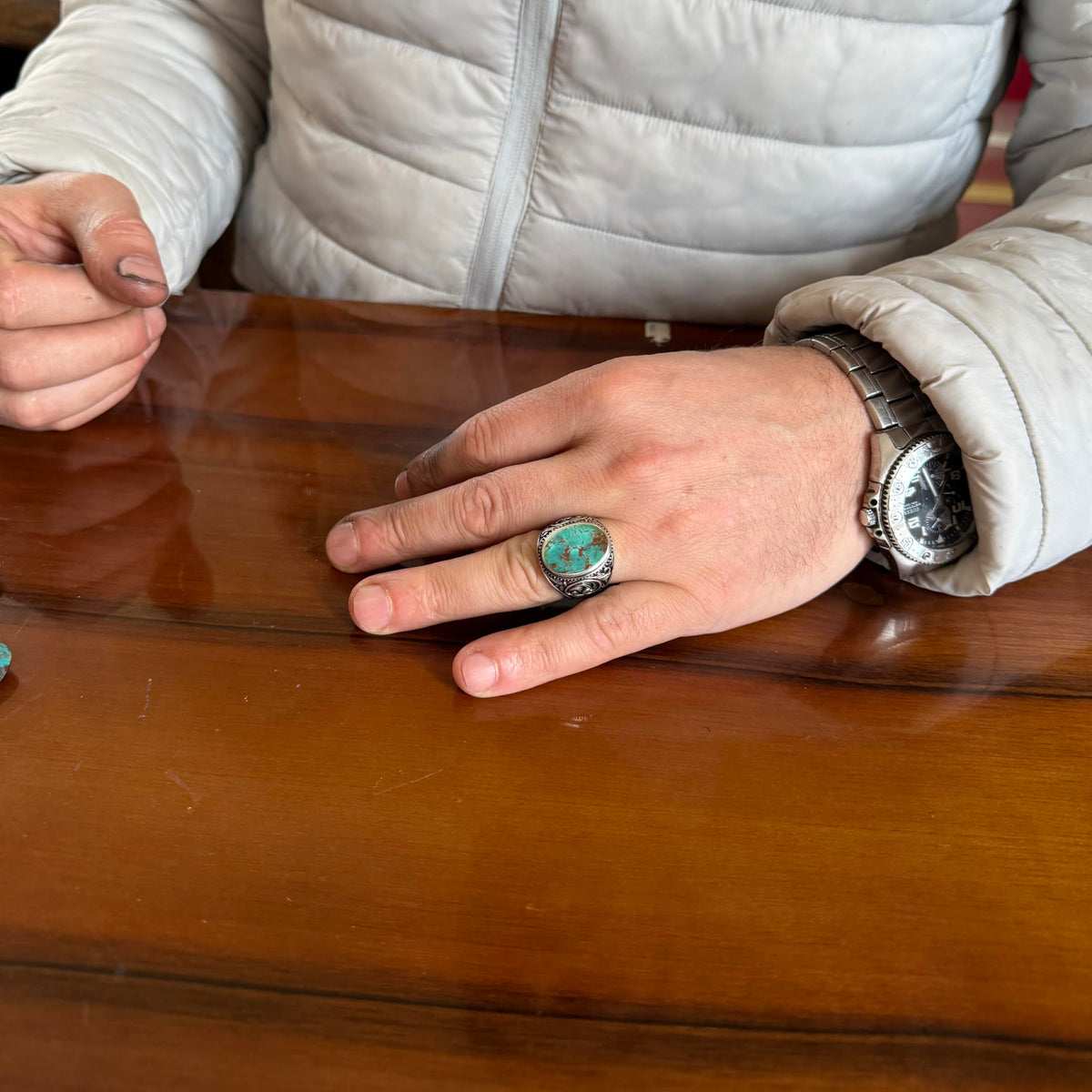 KAMBO Natural Turquoise Stone Men's Ring 925 Sterling Silver Oval Cabochon Ottoman Sliding Pattern Handmade Vintage Style Ring (Turquoise-2) — 3