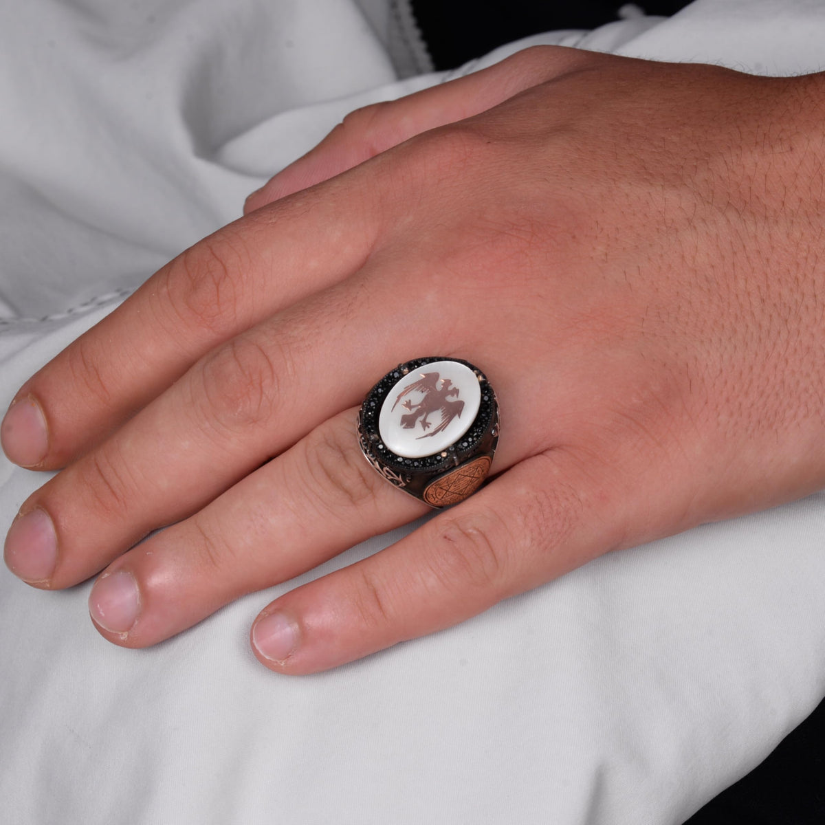 Natural Pearl Stone Ring - 925 Sterling Silver Handmade Men's Ring - Two Headed Eagle Design — 3