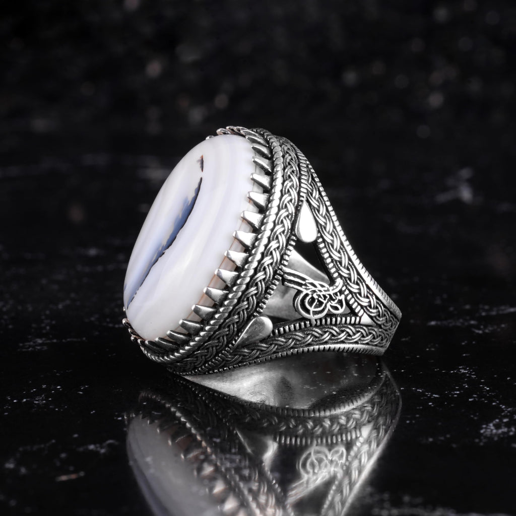 KAMBO Natural Yemen Agate Stone Men's Ring – 925 Sterling Silver Large Statement Ring – Handmade Ottoman Tugra Design Jewelry (Style-1) — 5