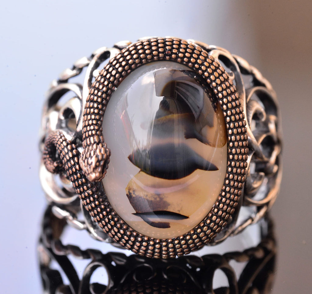 Natural Yemen Agate Stone, Snake Ring, Handmade Ring, Silver Men's Ring, Gift for Him, Silver Accessory Brown — 2