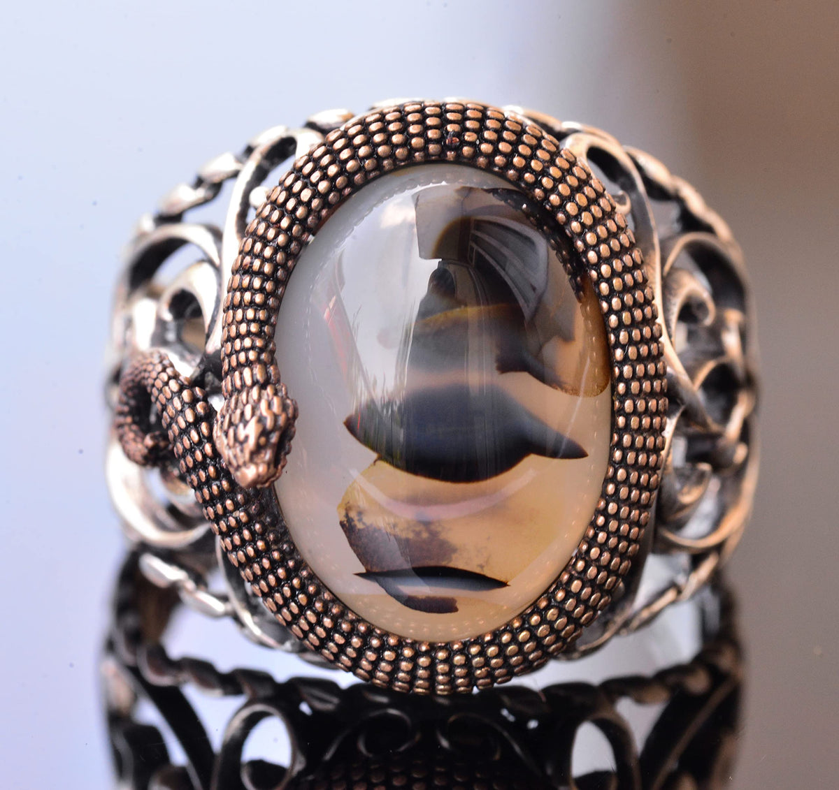 Natural Yemen Agate Stone, Snake Ring, Handmade Ring, Silver Men's Ring, Gift for Him, Silver Accessory Brown — 2