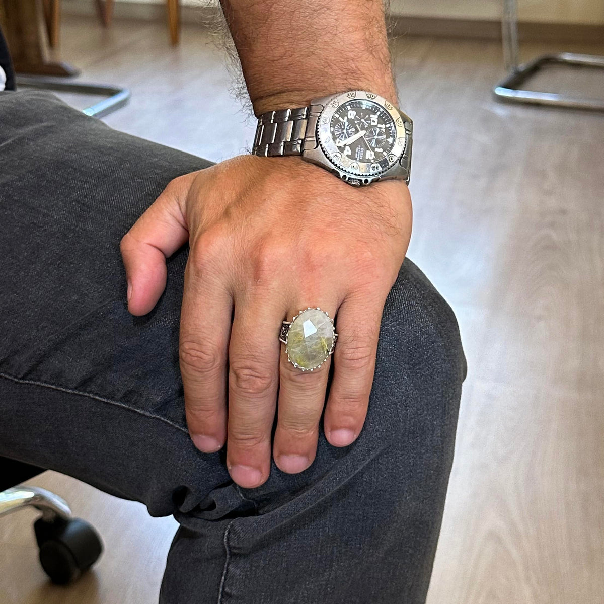 Natural Stone Ring - 925 Sterling Silver Big Ring - Handmade Ring (Golden Rutilated Quartz) — 3