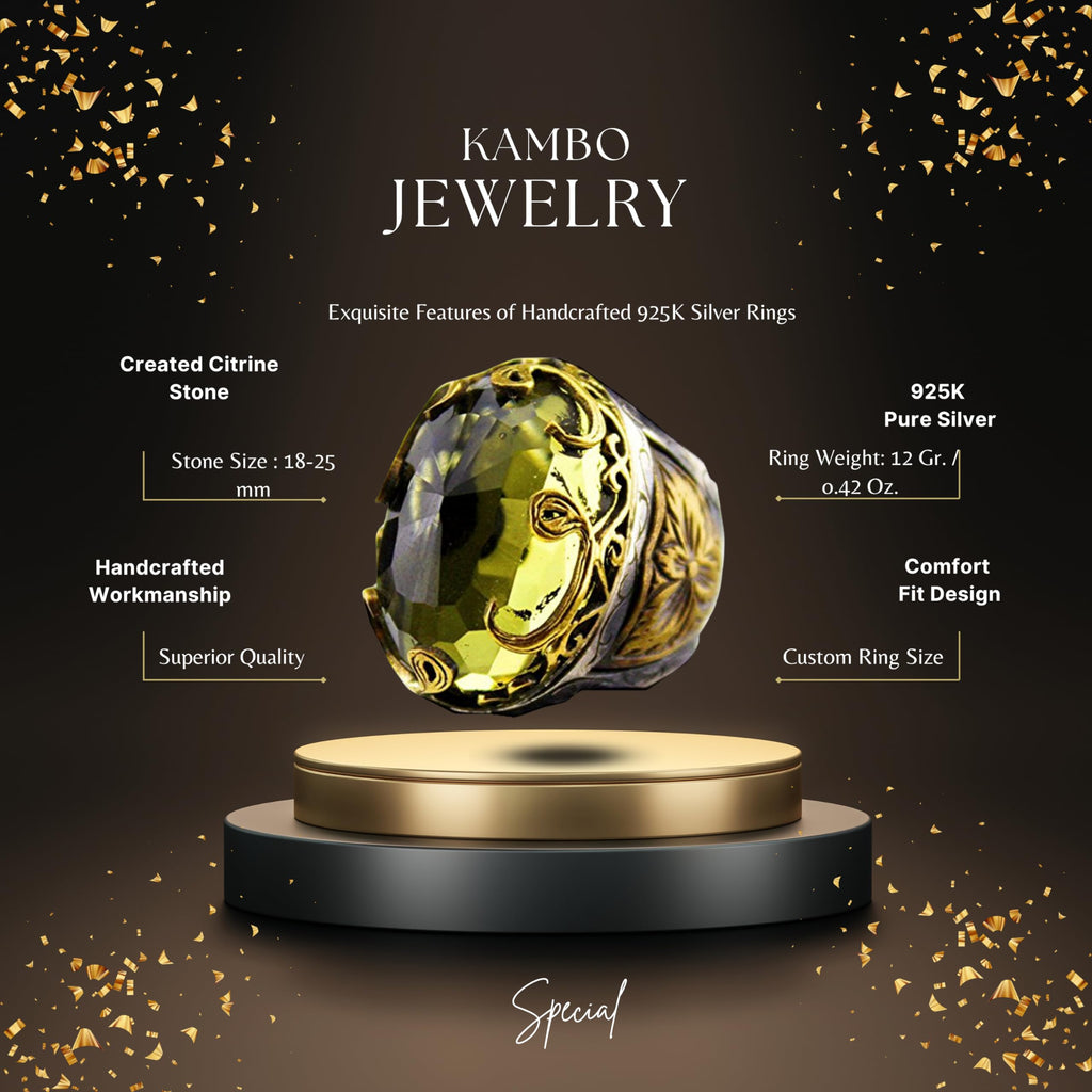KAMBO Handmade 925 Sterling Silver Unisex Ring with Citrine Stone, Ottoman Emperor VAV Pattern, Vintage Anatolya Design,