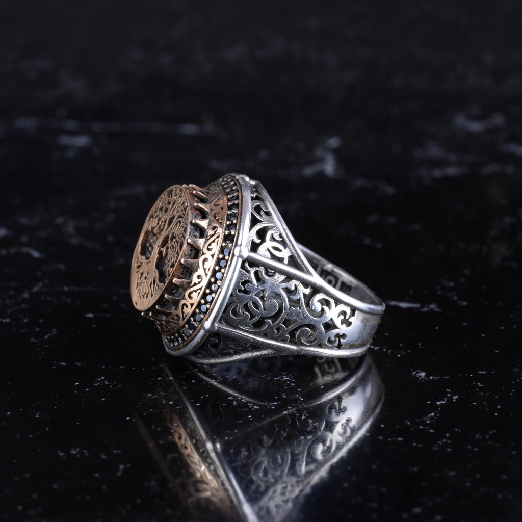 KAMBO Symbol Ring for Men 925 Sterling Silver Round Ring with Bronze Detail Handmade Ottoman Style Statement Jewelry (Tree of Life) — 6
