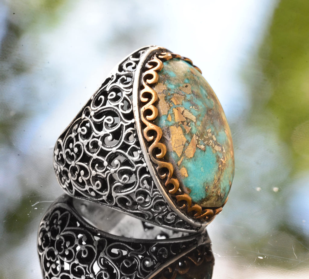 925 Sterling Silver Real Arizona Turquoise Stone Men's Ring (Model-2) — 4
