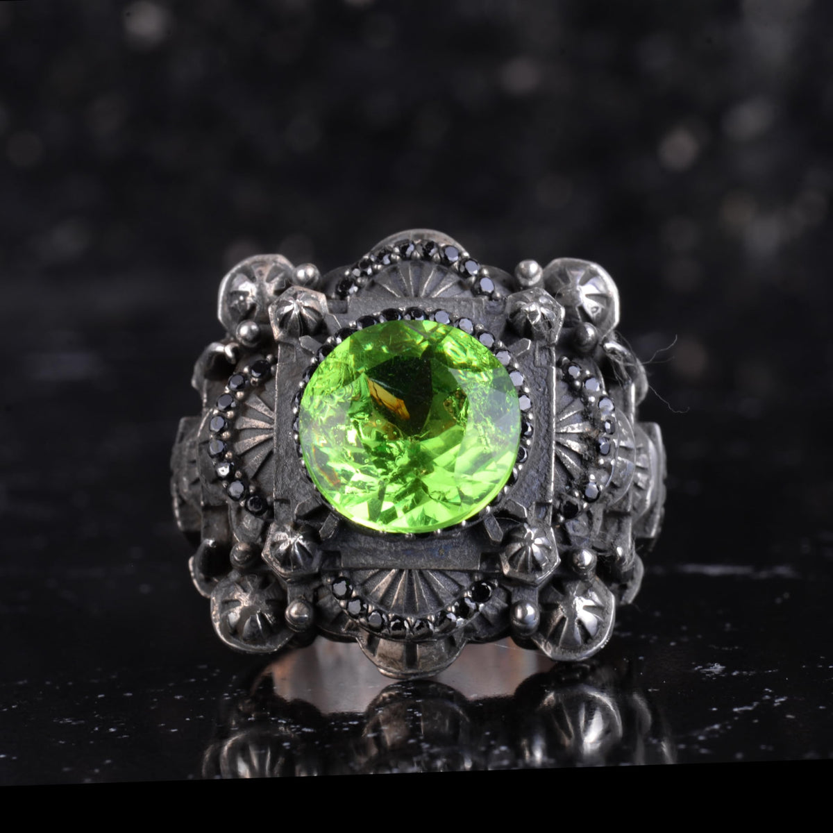 KAMBO Certified Peridot Stone Mosque Ring Men's - 925 Sterling Silver Ottoman Style Statement Ring - Handmade Green Stone Islamic Jewelry — 3