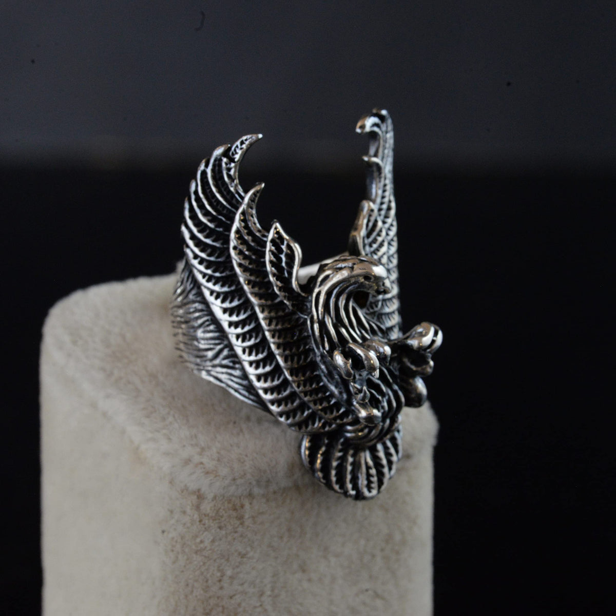 Large and Heavy Silver Biker Ring - Phoenix and Skull Design — 5
