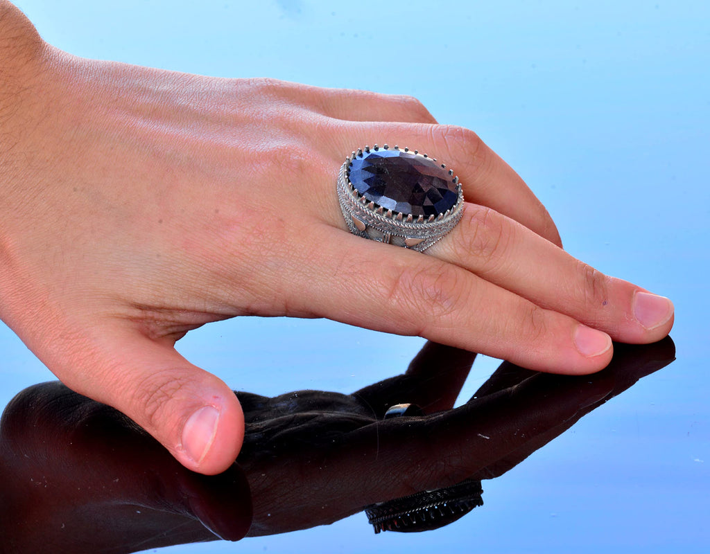 Handmade Natural Stone Ring, 925 Sterling Silver Men's Ring - Showy Design (Blue Sapphire) — 6