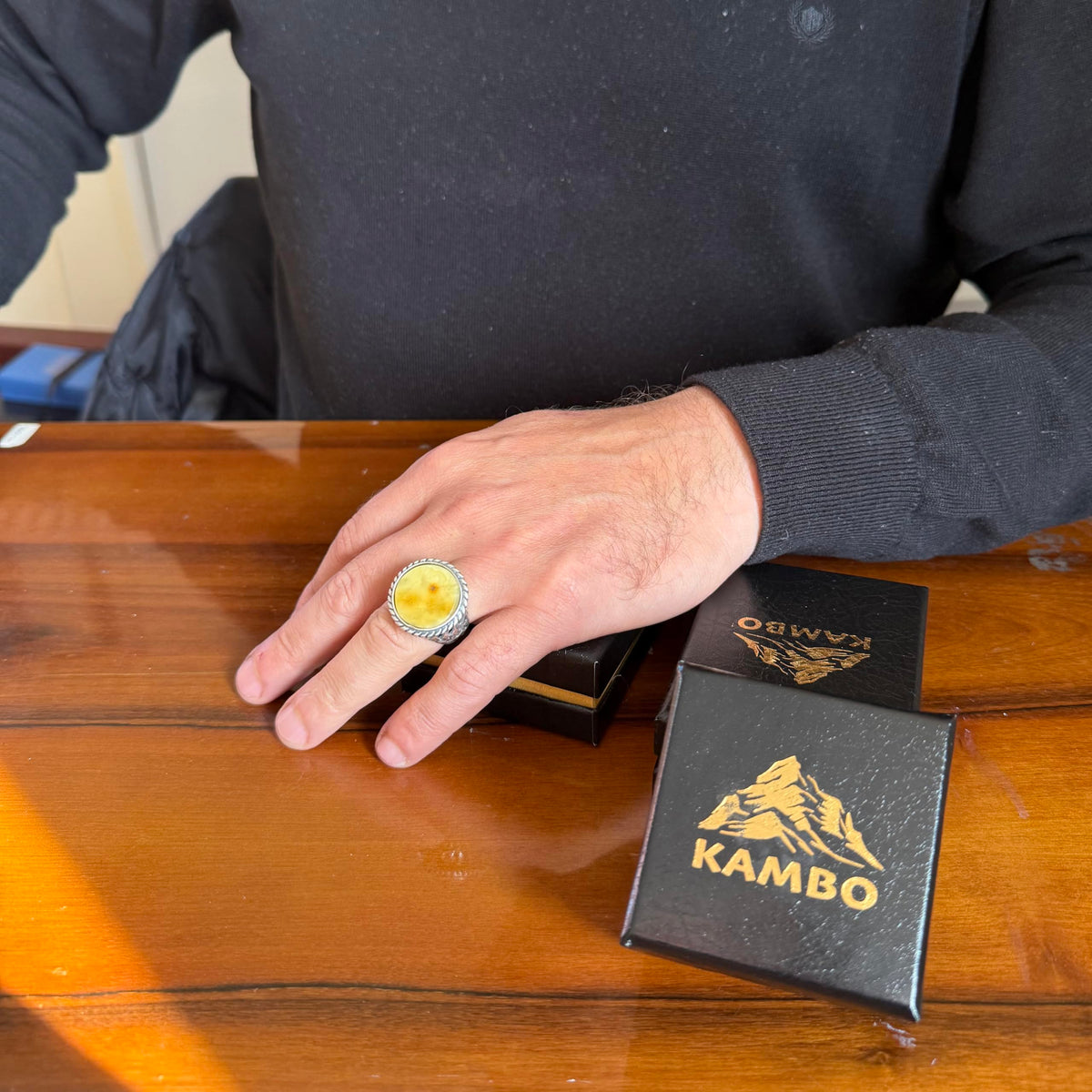 KAMBO Natural Amber Stone Men's Ring – 925 Sterling Silver Handmade Round Ring – Vintage Jewelry for Men (Amber-2) — 3