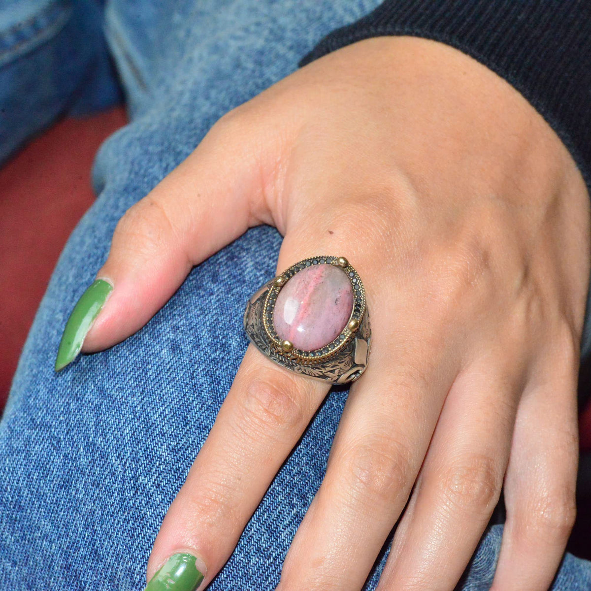 Lily Patterned Silver Ring - 925 Sterling Silver Handmade Men's Jewelry (Rhodonite) — 6