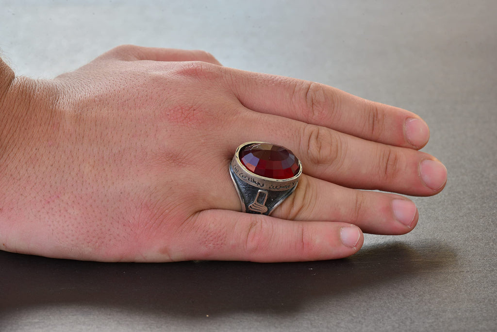 KAMBO Garnet Gemstone Ring - 925 Sterling Silver Islamic Men's Ring - Unique Design — 6