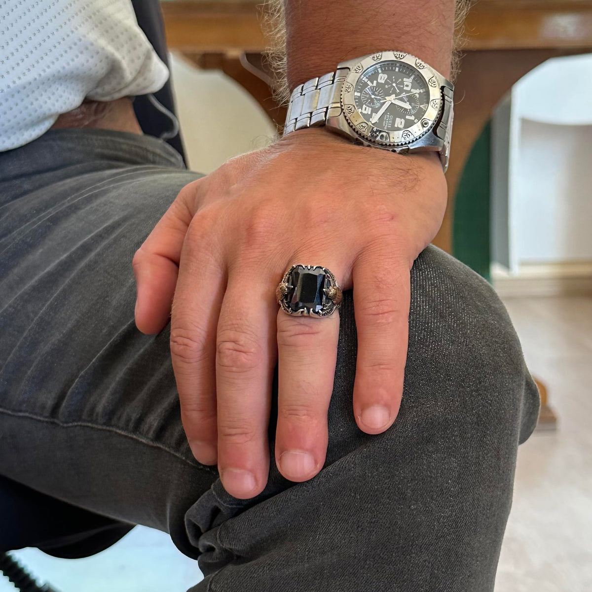 Men's Eagle Symbol Stone Ring - Handmade 925 Sterling Silver — 3