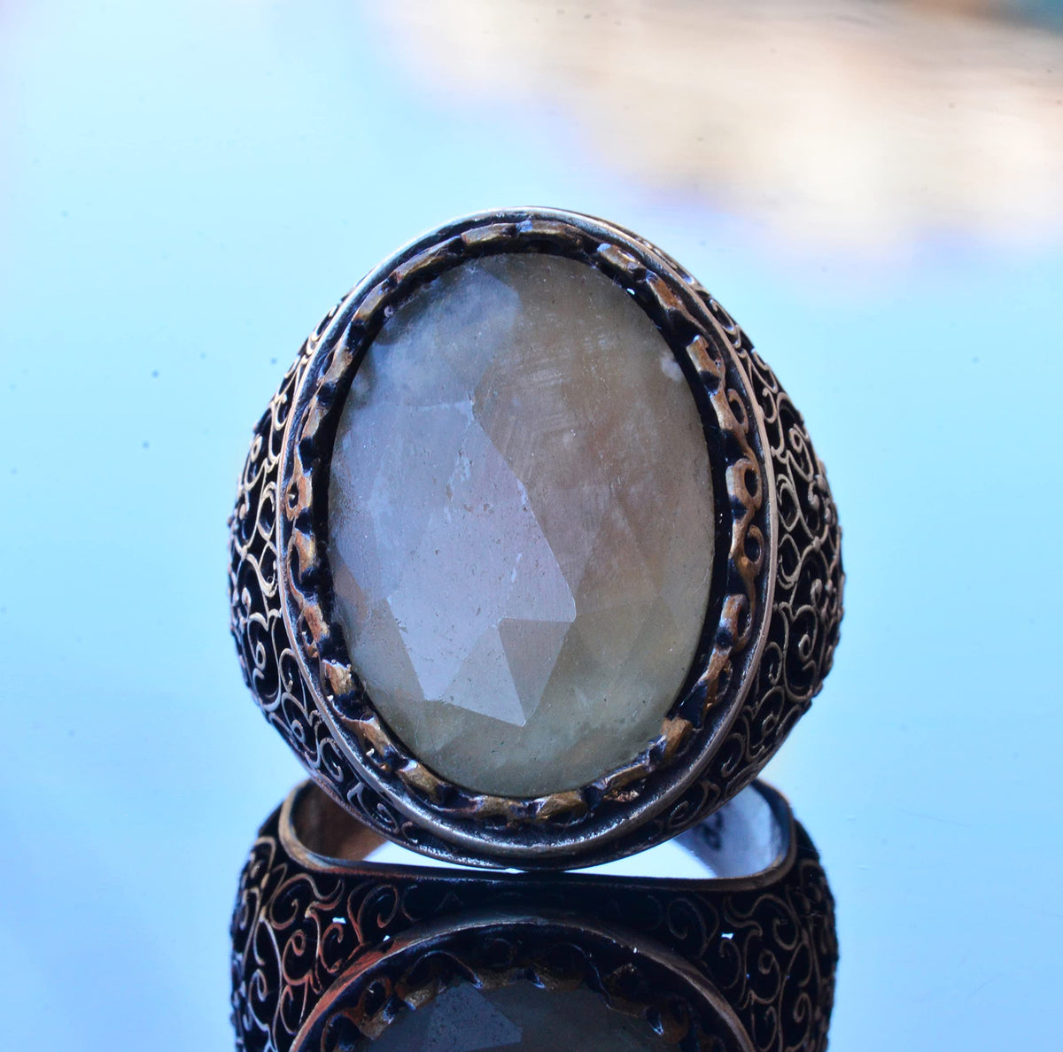 KAMBO Genuine Natural Sapphire Gemstone Handmade Ring, Men's Large Ring, Solid Silver - Symbol of Wisdom and Nobility — 5