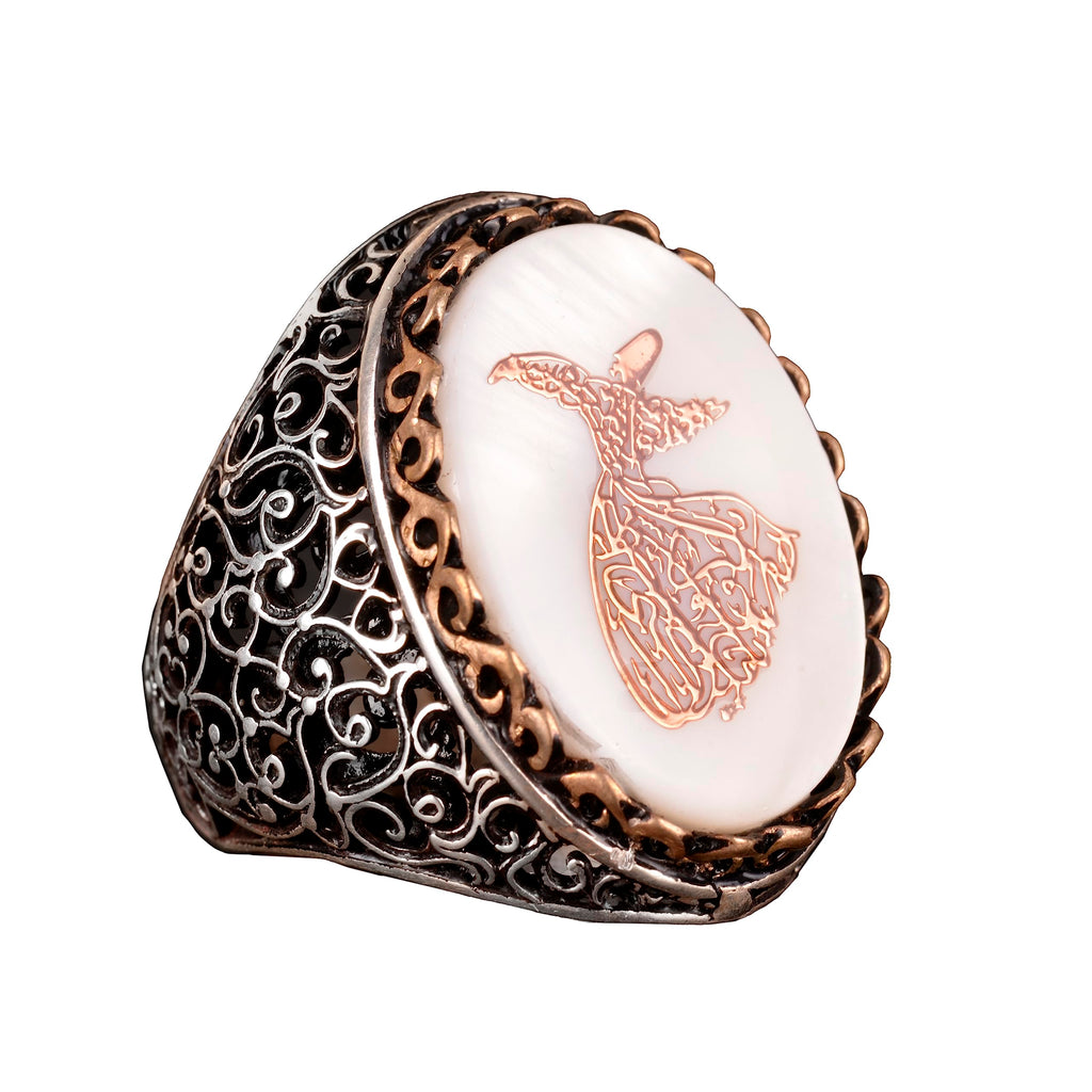Noble and Symbolic Men's 925 Sterling Silver Ring - Whirling Dervish Symbol, Adorned with Natural Stones