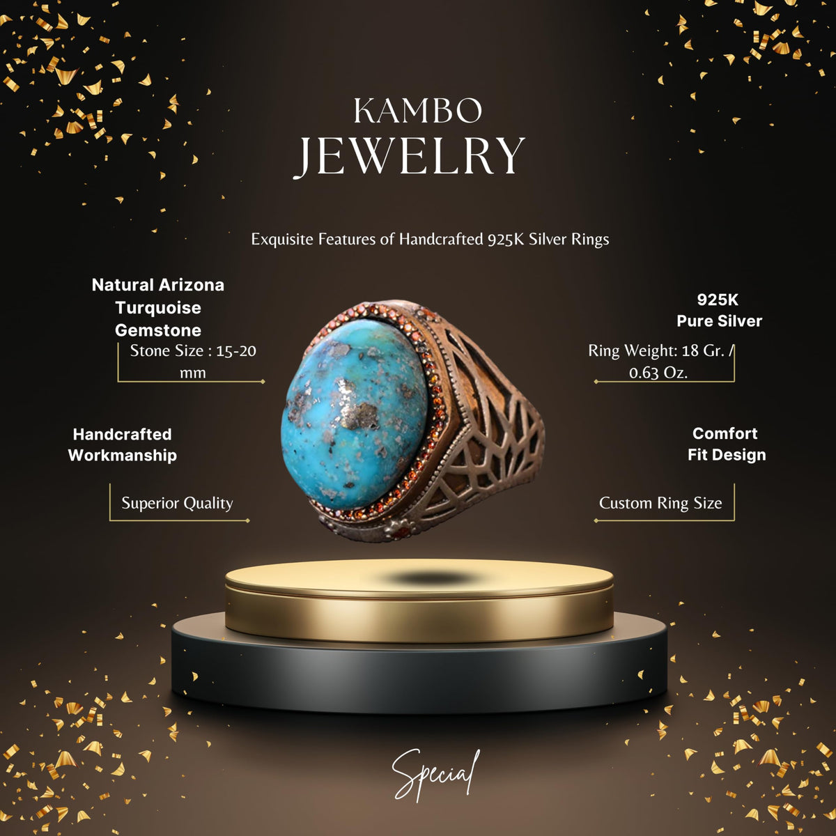 KAMBO Handmade Genuine Natural Arizona Turquoise 26.05 Carat Men's Minimalist Sultan Ring in 925 Sterling Silver, Vintag