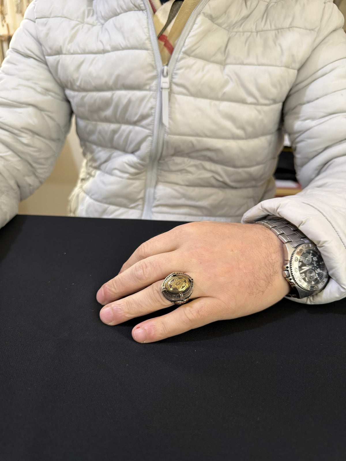 KAMBO Natural Hematite Stone Men's Ring – 925 Sterling Silver Bronze Detailed Framed Oval Statement Ring – Handmade Vintage Figurative Design — 3
