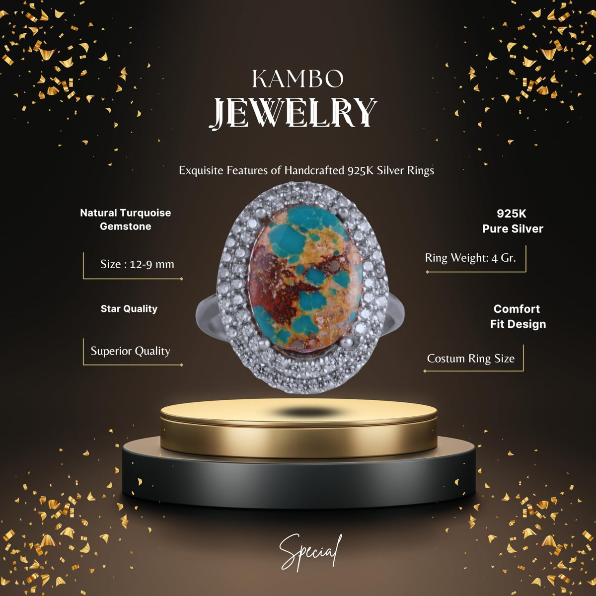 KAMBO Natural Turquoise Stone Elegant Women's Ring – 925 Sterling Silver Handmade Jewelry (Style-17) — 2
