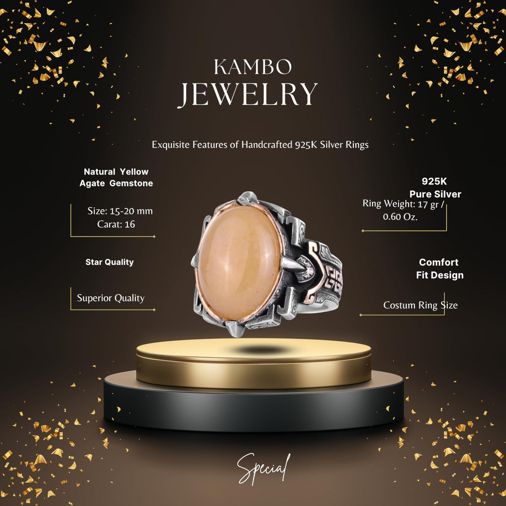 KAMBO Natural Stone Ring 925 Sterling Silver – Handmade Men's Statement Ring Healing Jewelry (Yellow Agate) — 2