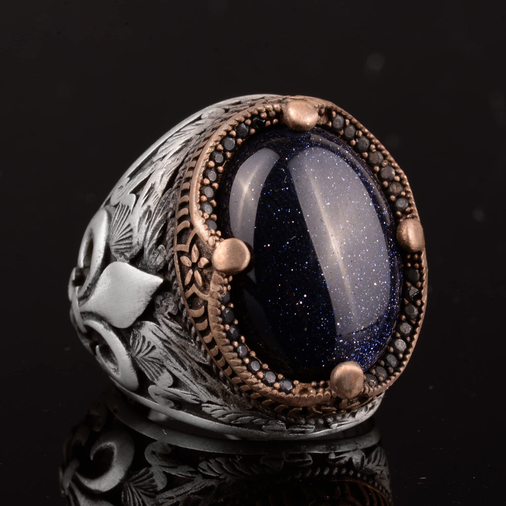 Blue Star Ring, Synthetic Blue Stone Ring, 925 Sterling Silver, Moon Star Men's Ring, Sky Blue Ring, Father's Day Gift — 4