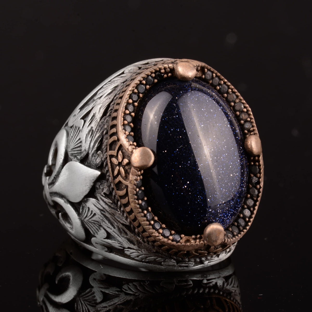 Blue Star Ring, Synthetic Blue Stone Ring, 925 Sterling Silver, Moon Star Men's Ring, Sky Blue Ring, Father's Day Gift — 4