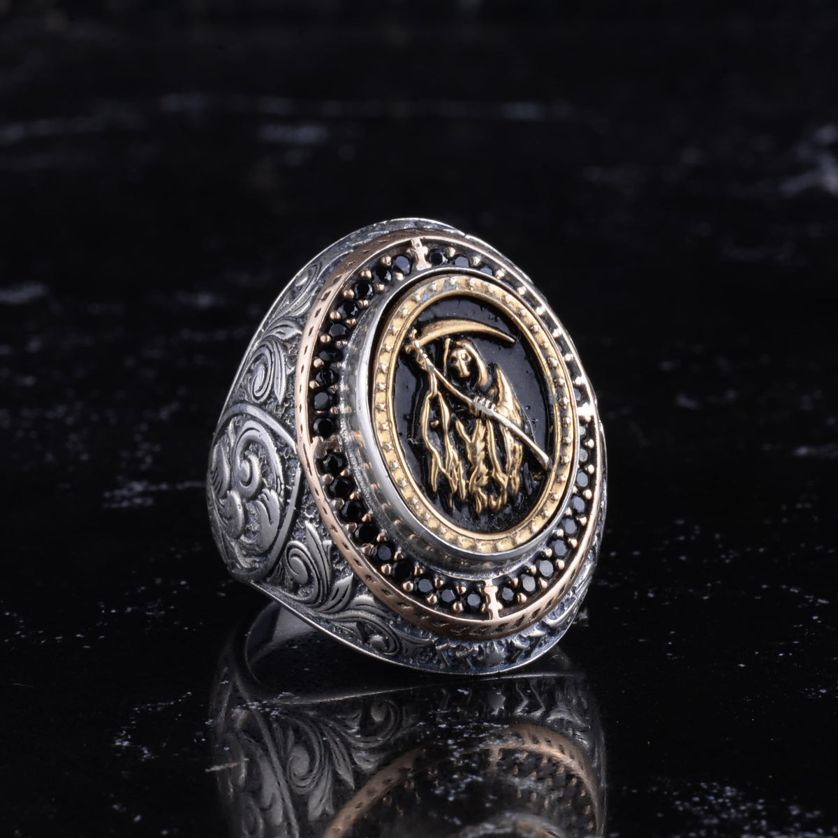 KAMBO Symbolic Men's Ring 925 Sterling Silver Gold Plated - Azrael Death Angel Large Ring - Azrael Motif Men's Statement Jewelry — 5