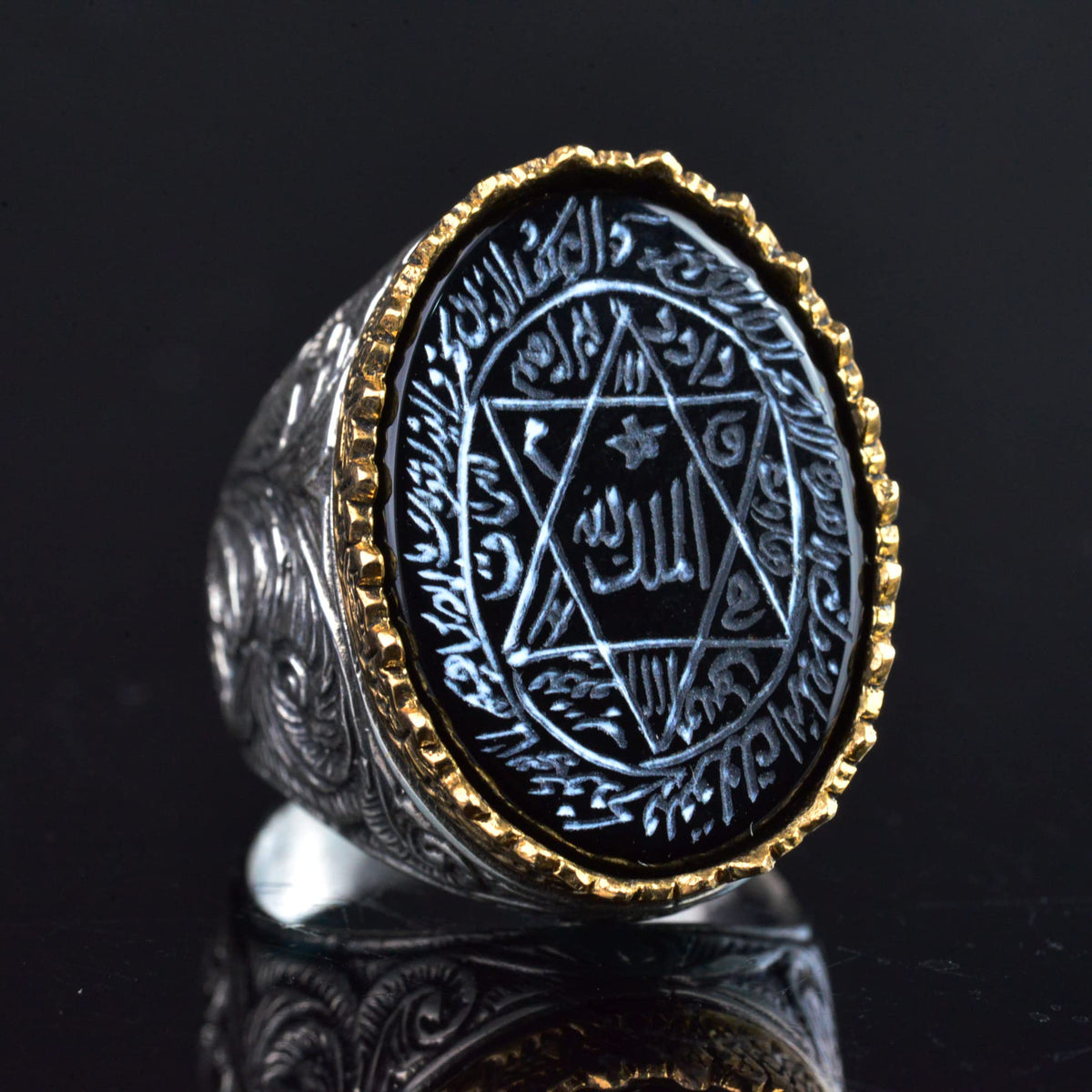 925 Sterling Silver Men's Ring, Black Onyx Stone and Seal of Solomon Design — 5