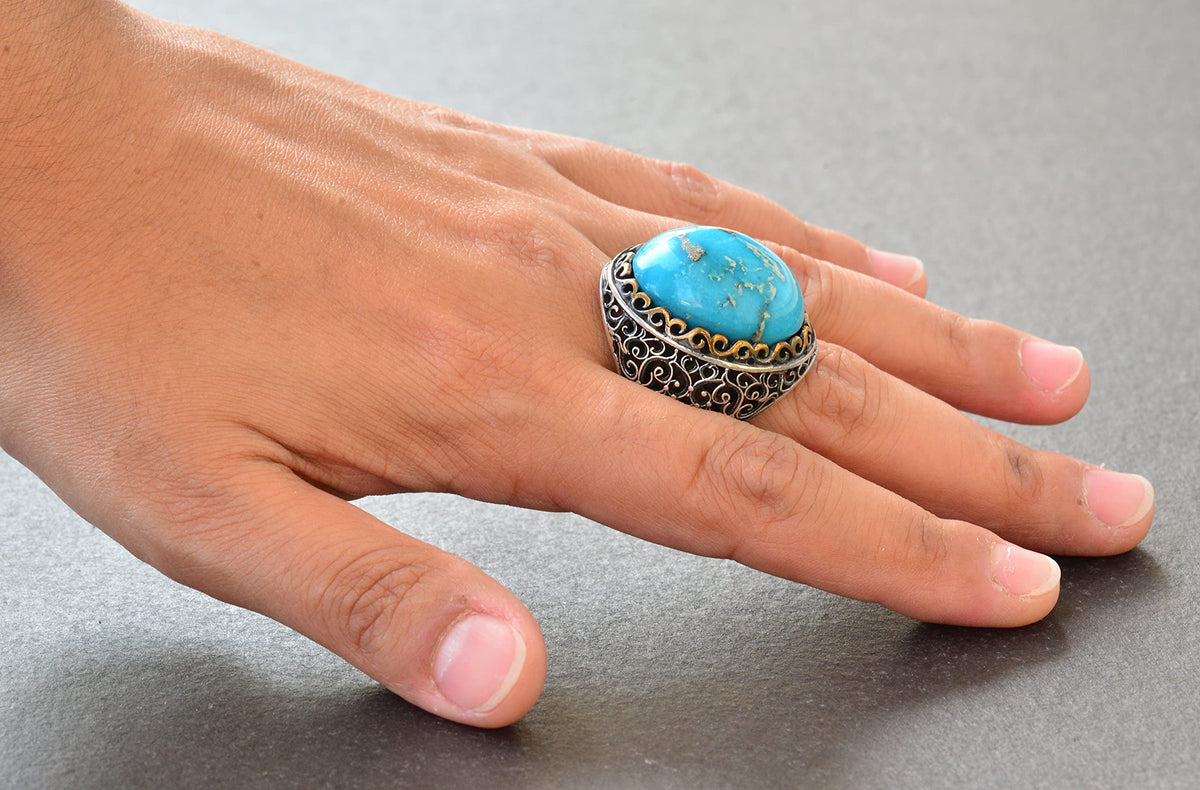 Natural Arizona Turquoise Stone Ring, 925 Sterling Silver Men's Ring (Model-3) — 6