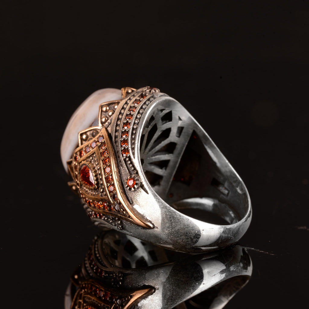 925 Sterling Silver Natural Yemeni Agate Stone Men's Ring - Handmade King Ring, Unique Design — 7