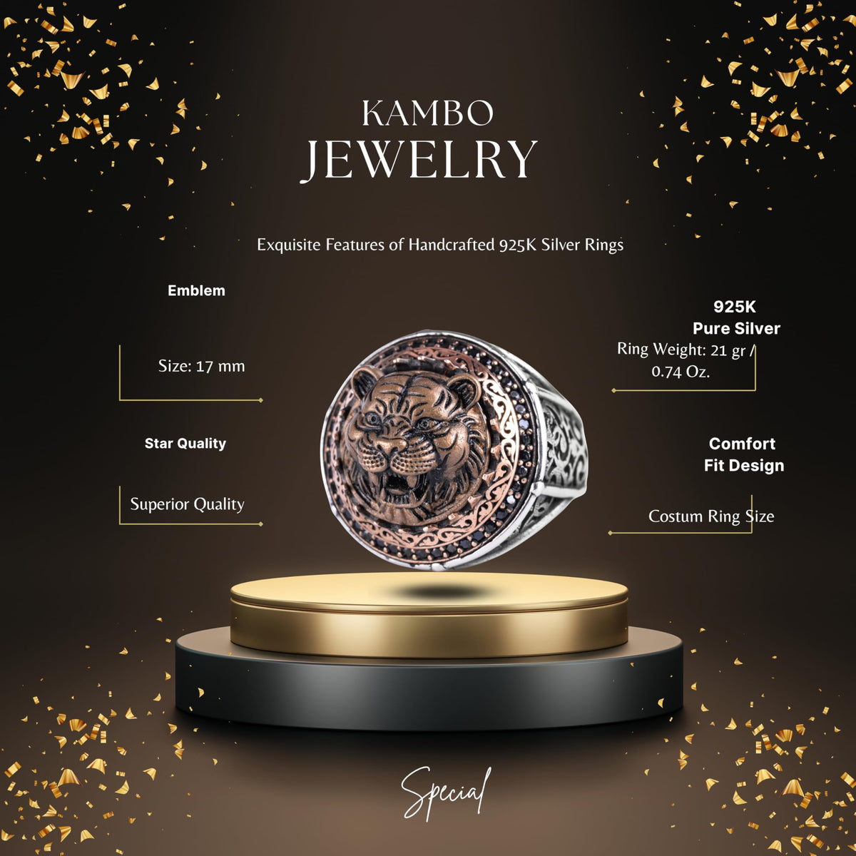 KAMBO Symbol Ring for Men 925 Sterling Silver Round Ring with Bronze Detail Handmade Ottoman Style Statement Jewelry (Tiger Head) — 2