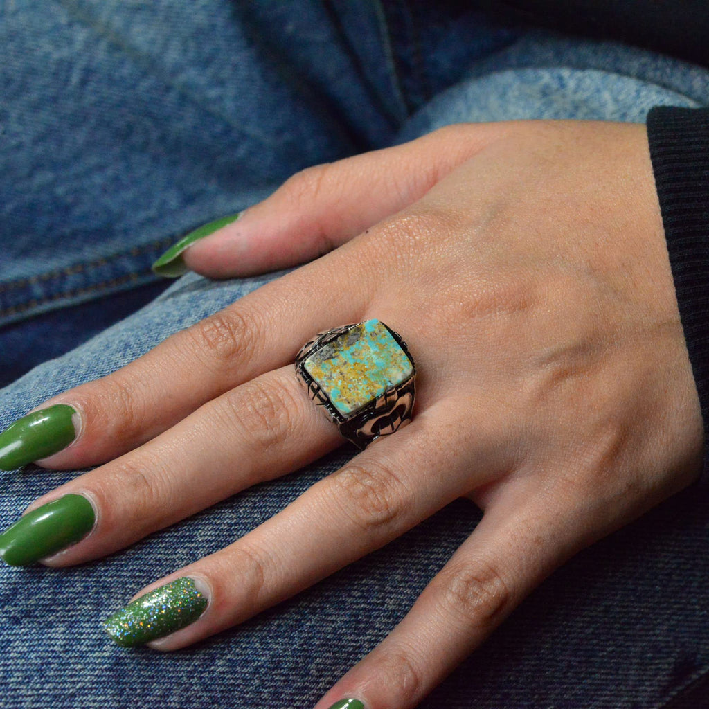 KAMBO Handmade 925 Sterling Silver Men's Ring with Genuine Natural Turquoise Rectangular Stone, Vintage Gemstone Stateme