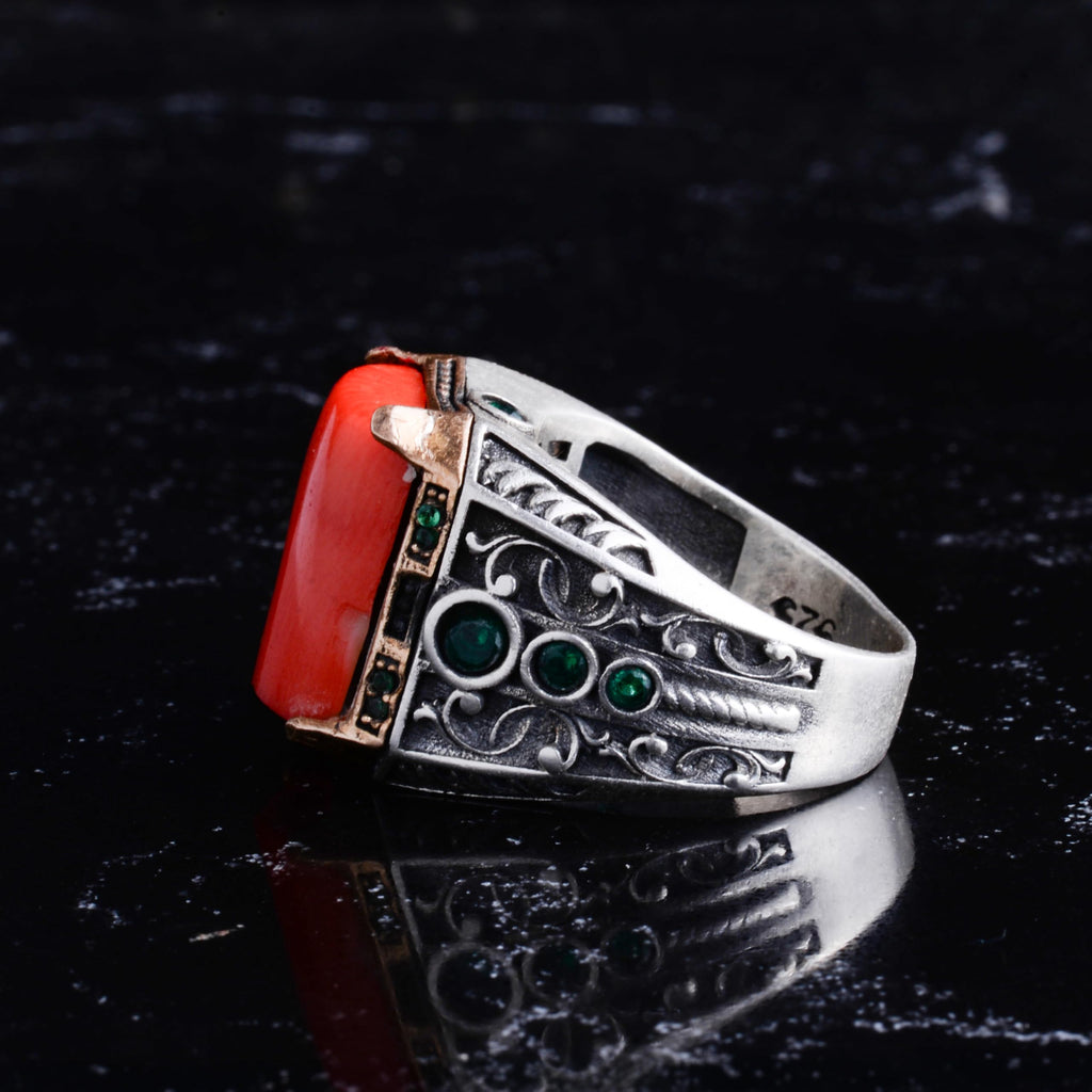 KAMBO Natural Red Coral Stone Men's Ring - 925 Sterling Silver Ring - Handmade Coral Stone Ring - Vintage Ottoman Style Men's Jewelry — 5