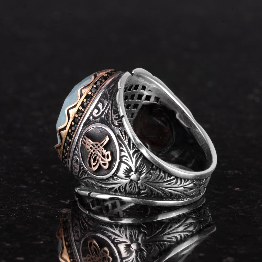 Ottoman Tugra Silver Ring, Natural Stone Ring, 925 Sterling Silver Ring (Amazonite) — 6