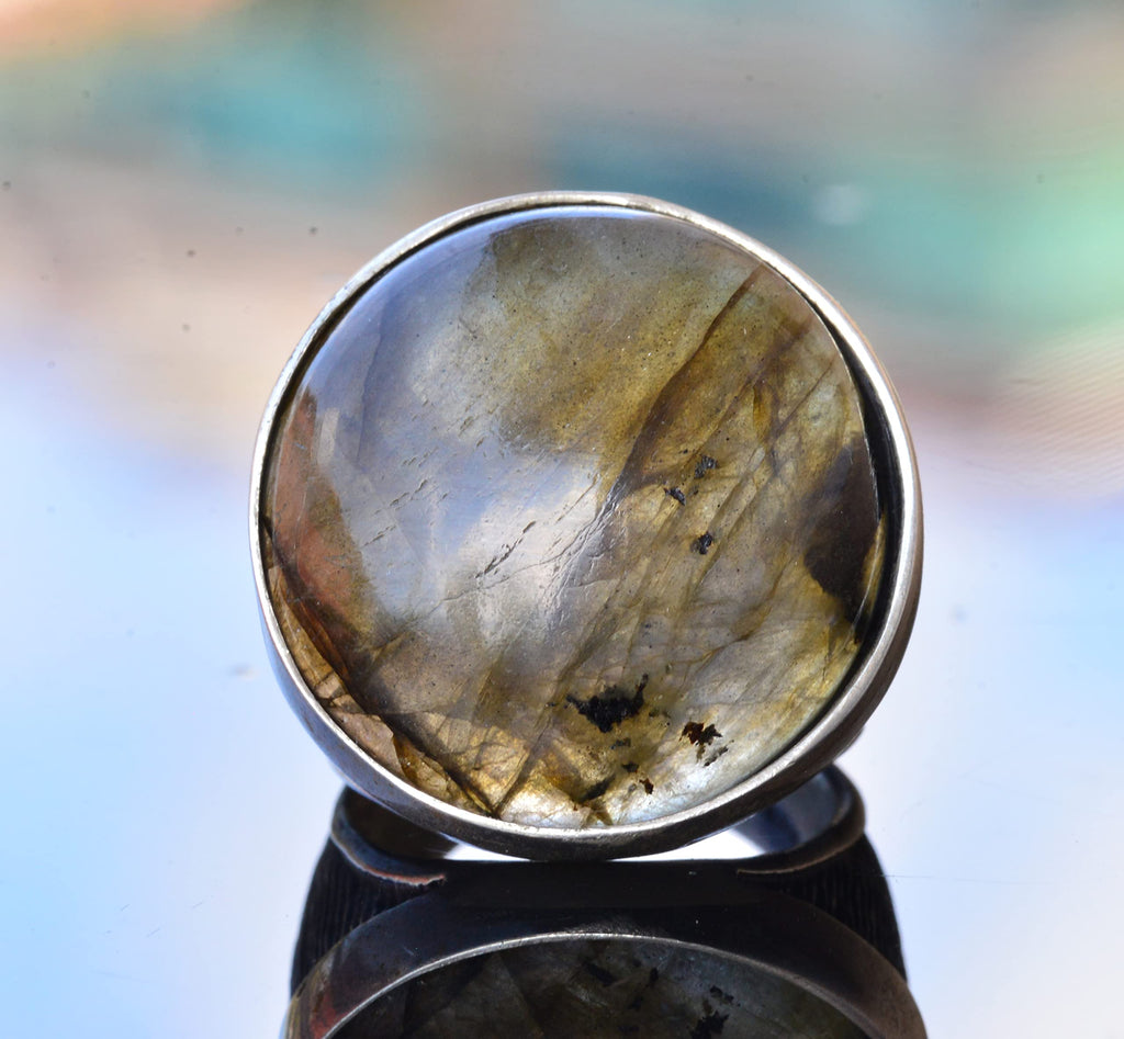 Natural Labradorite Round Stone Ring - 925 Sterling Silver Men's Big Ring — 5