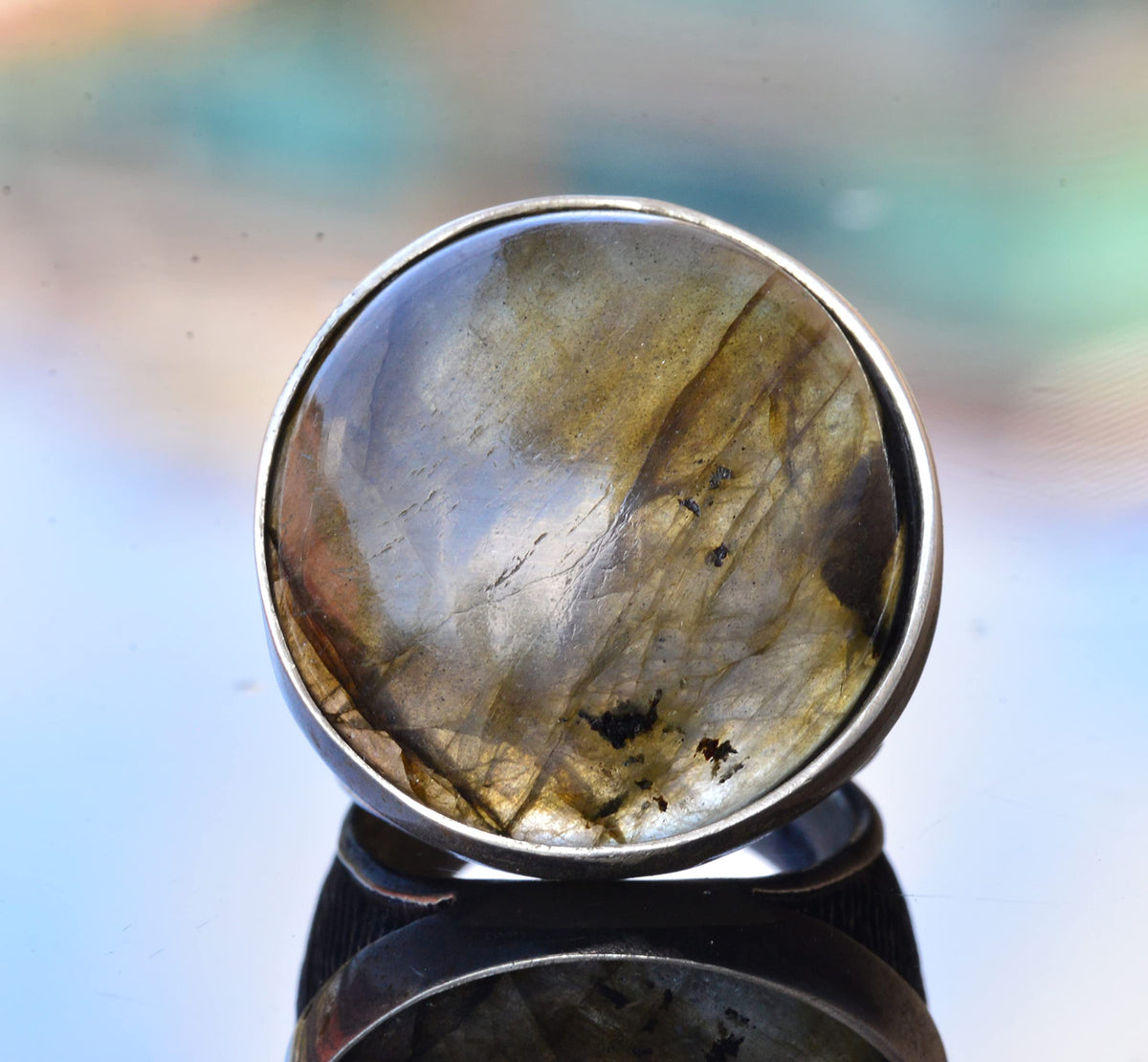 Natural Labradorite Round Stone Ring - 925 Sterling Silver Men's Big Ring — 5
