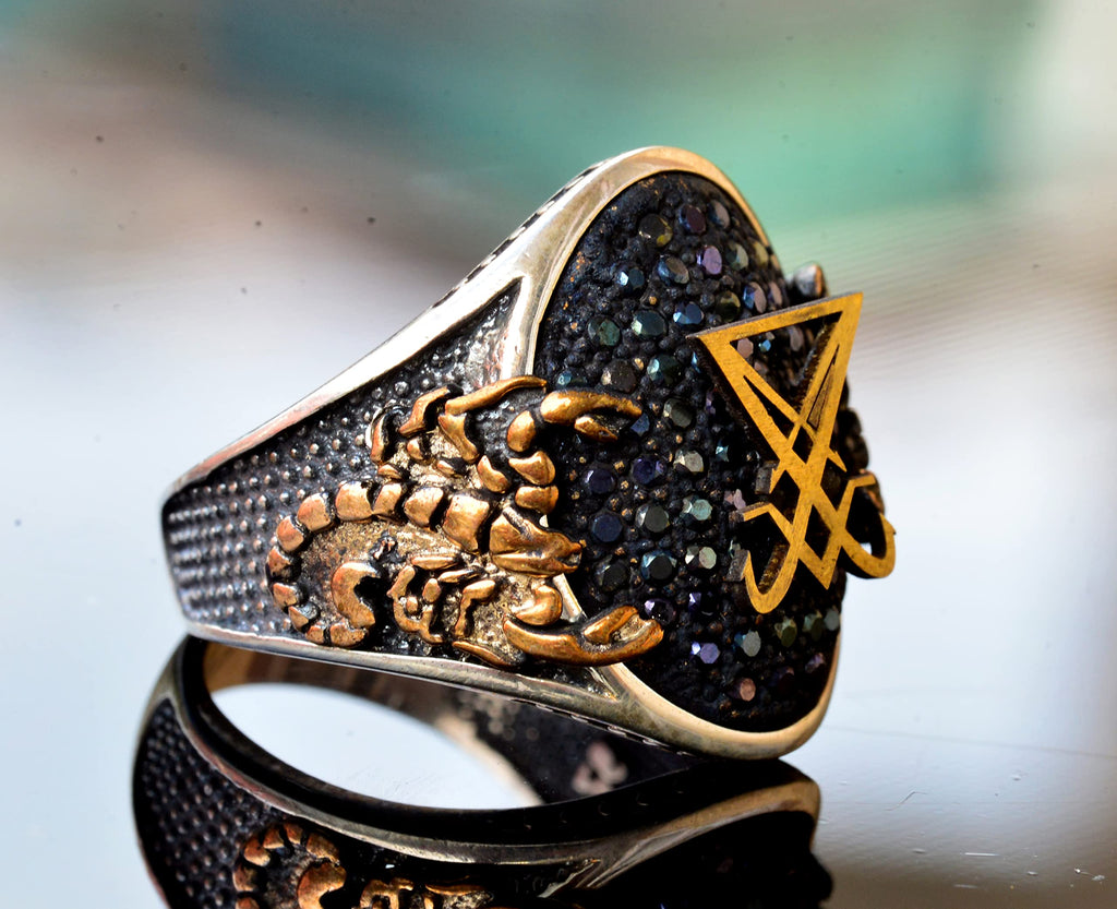 KAMBO Handcrafted Men's Scorpion Ring with Black Agate Gemstone, 925 Sterling Silver, Gold Plated, Intricate King Signet