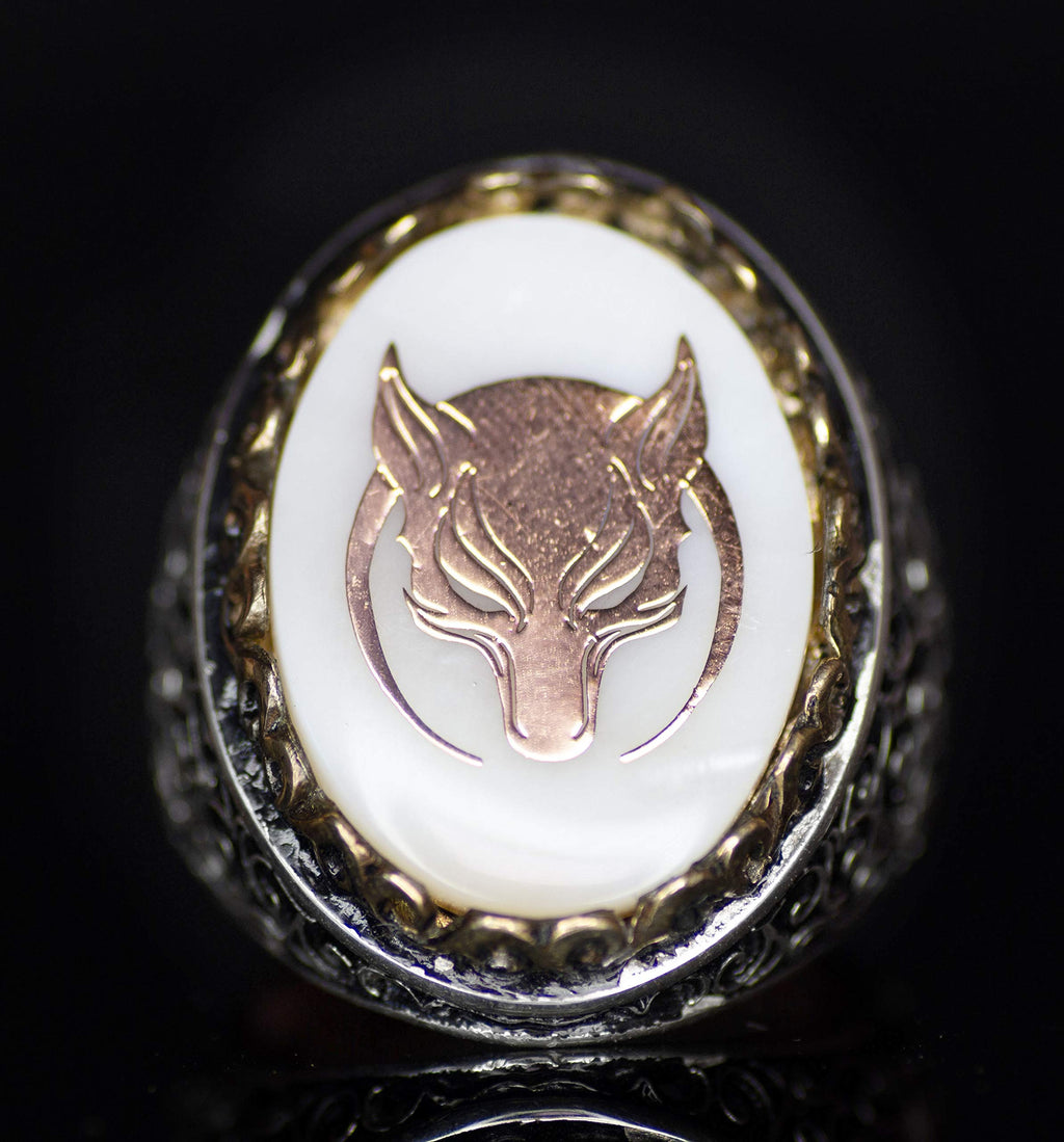 Wolf and Crescent Men's 925 Sterling Silver Ring - Wolf Symbol, Natural Mother of Pearl Stone — 2