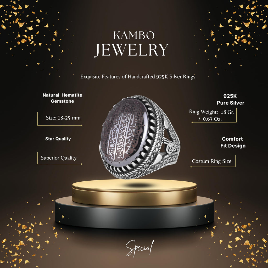 KAMBO Natural Hematite Stone Ring – 925 Sterling Silver Ottoman Tugra Design – Islamic Men's Statement Ring (Ayat al Kursi Quran Verse) — 2
