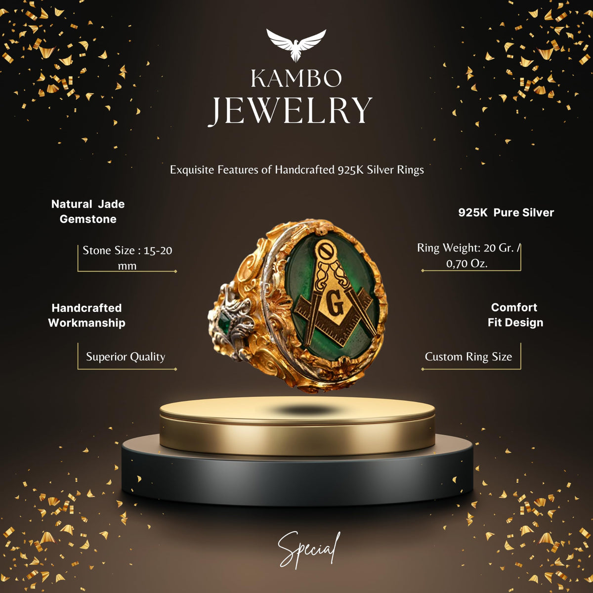 Kambo Real Green Stone Mason Ring – Gold Plated 925 Sterling Silver Handmade Men's Jewelry — 2